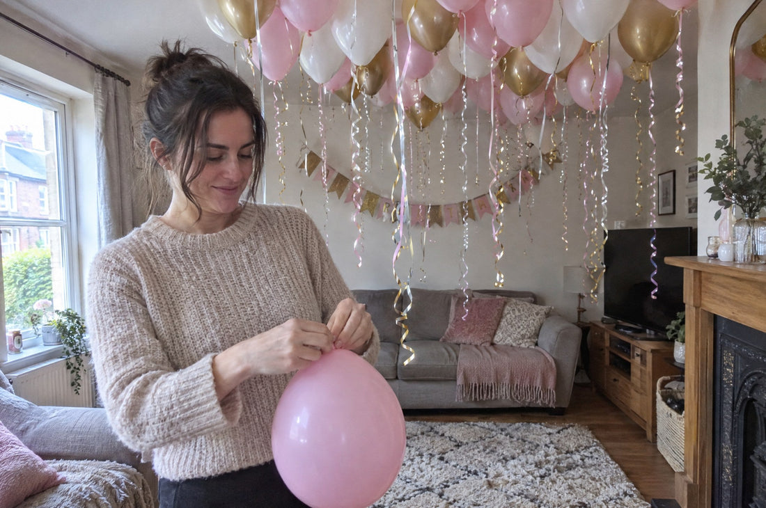 Woman tying a pink latex balloon in a living room with a ceiling full of pink, white and gold helium balloons