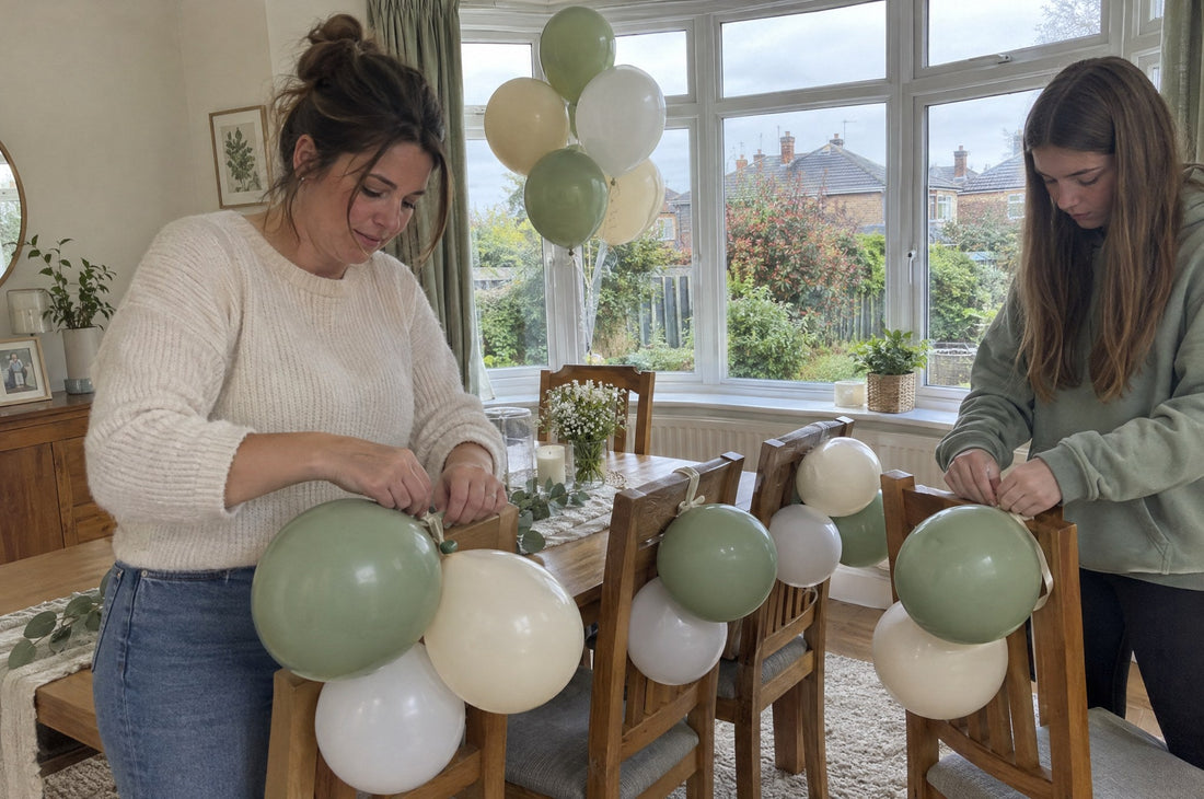 Mother and teenage daughter tying sage green and cream helium balloons to dining chairs for a baby shower