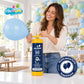Woman inflating a blue balloon with the Airloons 50 helium tank at a birthday party
