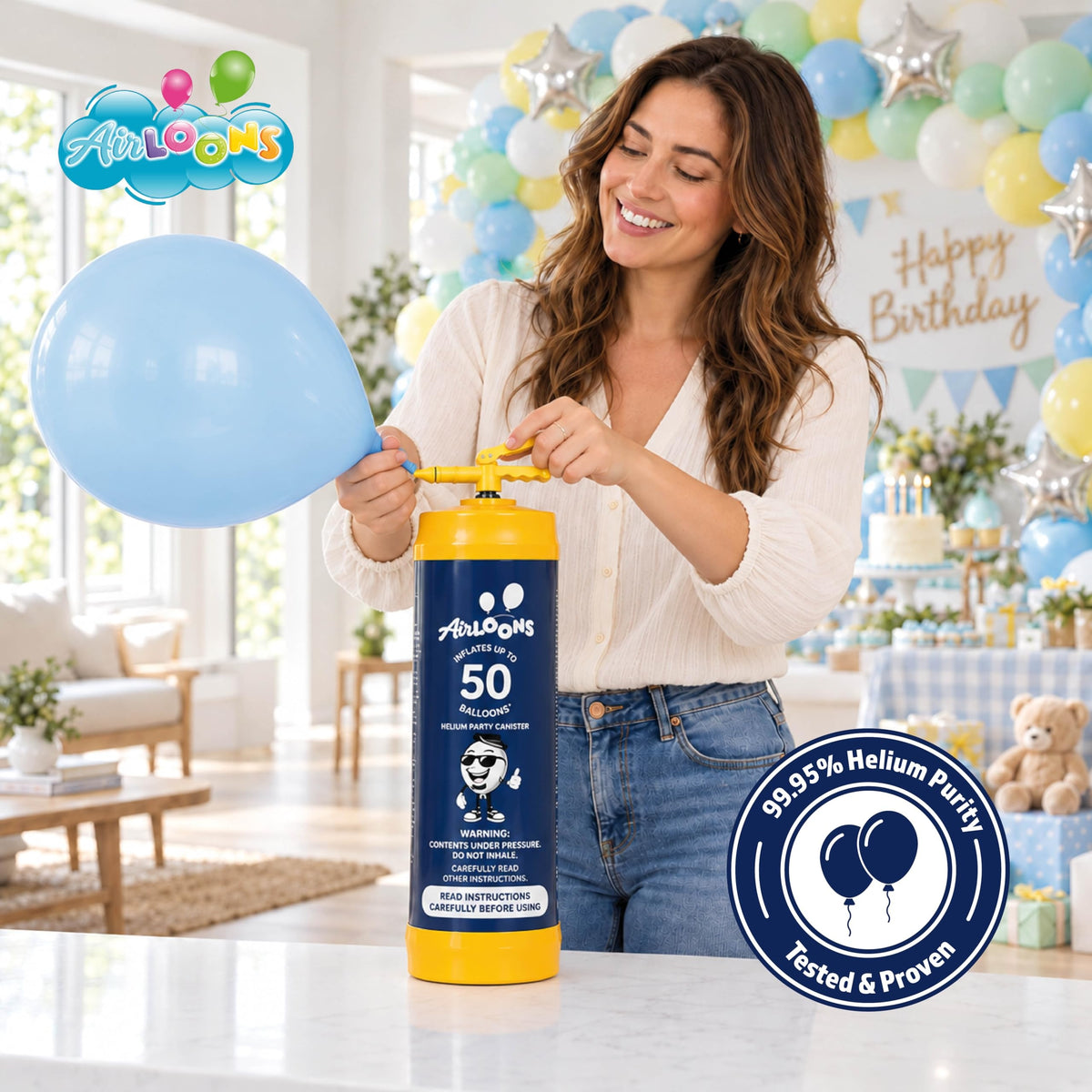 Woman inflating a blue balloon with the Airloons 50 helium tank at a birthday party