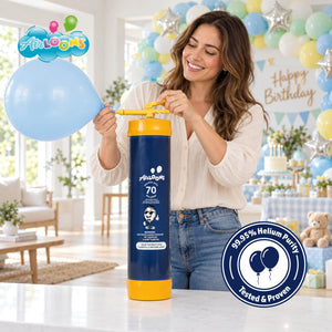 Woman inflating a blue balloon with the Airloons 70 helium tank at a birthday party