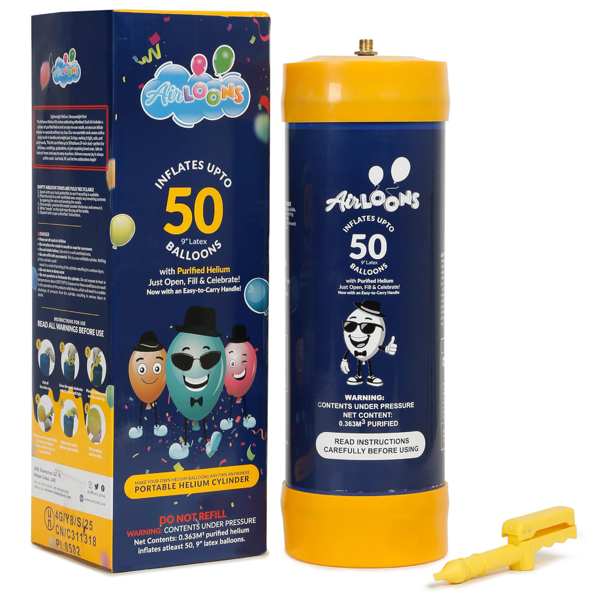 Airloons 50 balloon helium canister with retail box and easy-fill nozzle