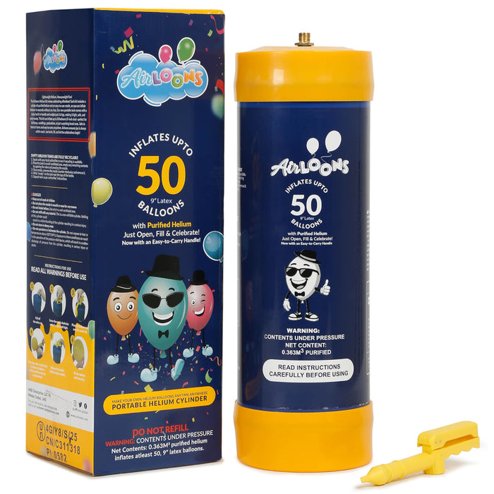 Airloons 50 balloon helium canister with retail box and easy-fill nozzle