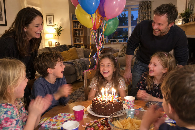 Children and parents laughing round a birthday cake with a bunch of colourful helium balloons above the table