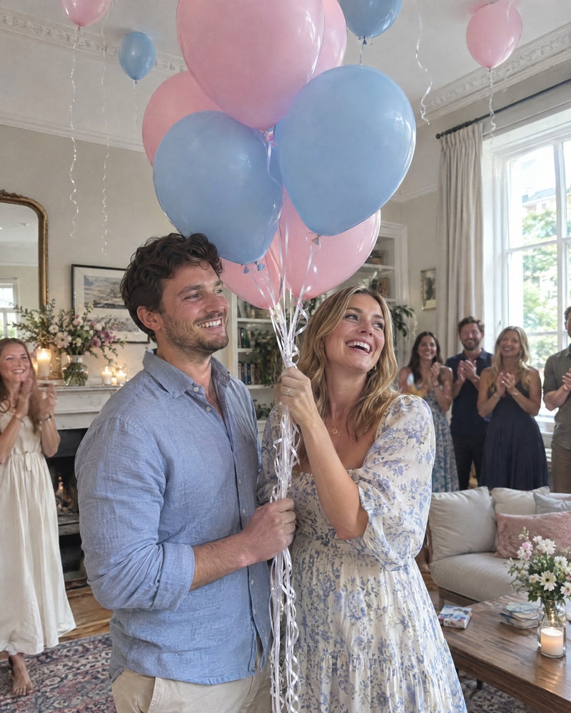 Couple at a gender reveal holding pink and blue helium balloons