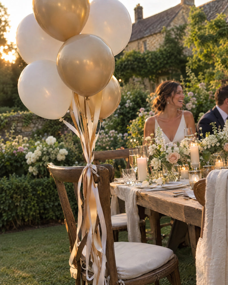 White and champagne-gold helium balloons tied to a chair at a garden wedding